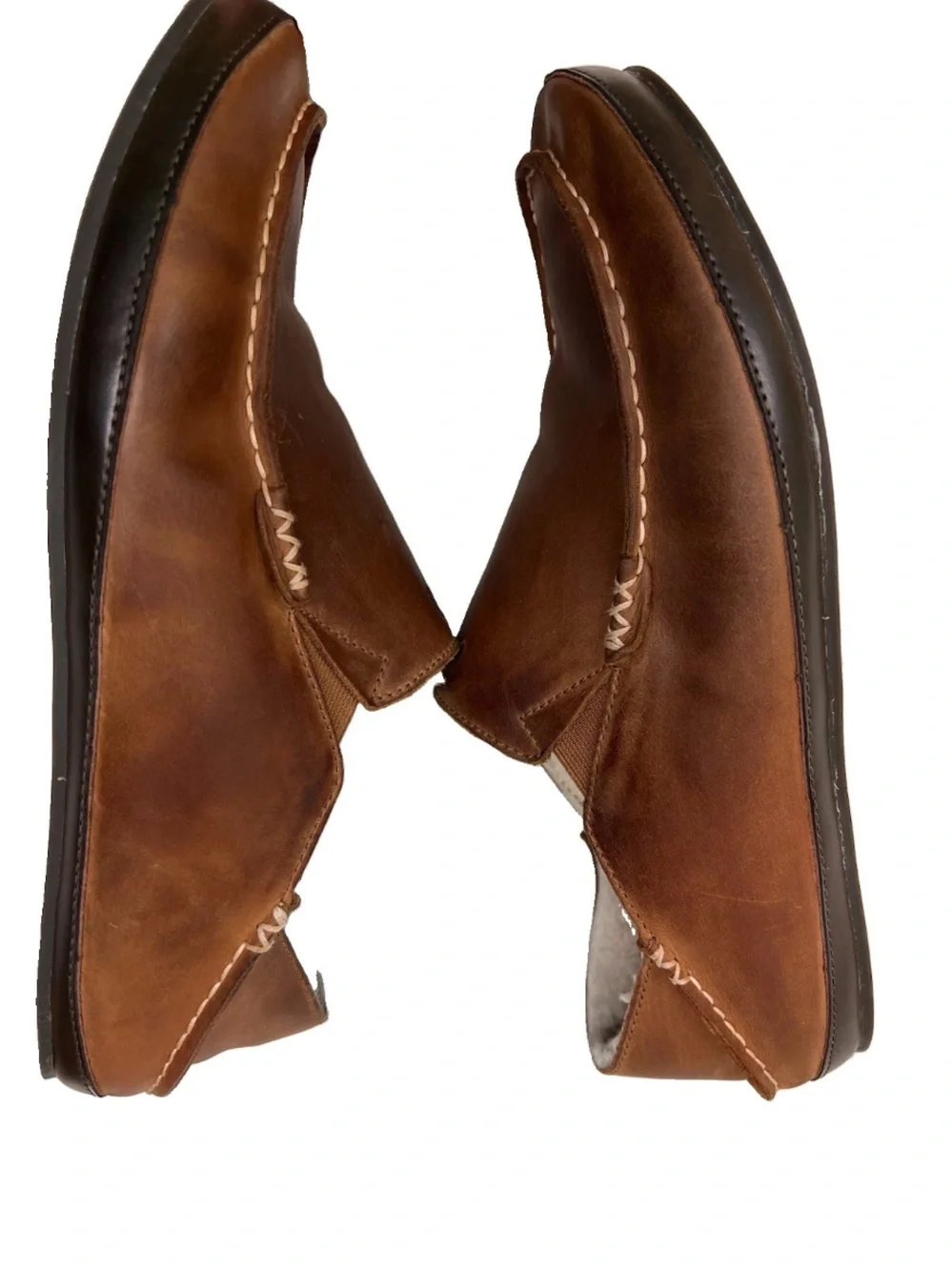 OluKai Moloa Slipper Men’s US 12 Leather Sheepskin Fur Lined Shoes Brown 10252